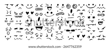 Collection of abstract doodle faces, emoji icons, emoticons. Hand drawn abstract comic faces with various emotions. Sketch doodle style emotion elements. Different mood, smile, sad, happy.