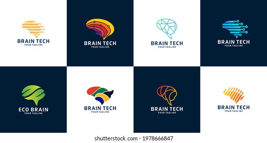 Collection Of Abstract Dots And Logo Brain Line Concept. Logo For Science Innovation, Machine Learning, AI, Medical Research, New Technology Development, Human Brain Health