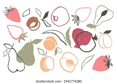 Collection of abstract drawings with fruits - strawberry, pear, apricot and pomegranate. Set of vector illustrations with contemporary abstract natural shapes.