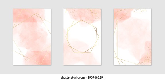 Collection of abstract dusty pink liquid watercolor background with golden lines and frame. Pastel marble alcohol ink drawing effect. Vector illustration design template for wedding invitation