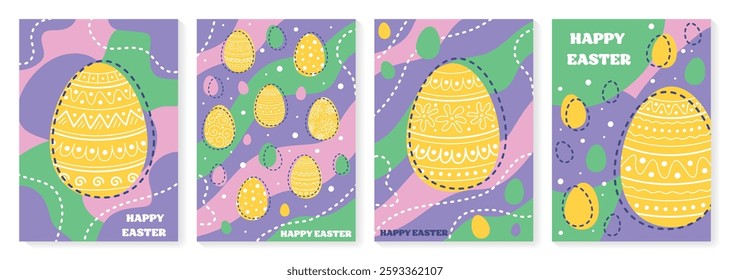 Collection of abstract Easter greeting card with decorative egg. Cartoon style background. Vector illustration