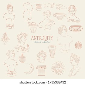 Collection of Abstract elements with antique sculpture, vase, vensel, columns. Minimalist objects one line style. Editable vector illustration
