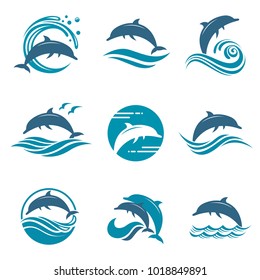 collection with abstract emblem of dolphin and sea wave