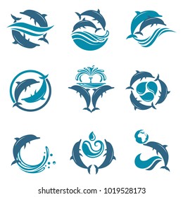 collection with abstract emblem of dolphin and sea wave