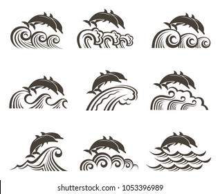 collection with abstract emblem of dolphin and sea wave