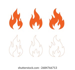 Colección de los iconos abstractos de la llama del fuego en estilo llenado y del contorno, símbolos ardientes calientes del fuego aislados en el fondo blanco