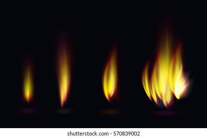 Collection of Abstract fire on horizontal position. Realistic orange and yellow isolated fire in vector. White simple text with hot and vintage signs