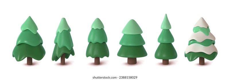 Collection abstract fir-trees isolated on white background. 3d Christmas trees, pine rendering vector illustration