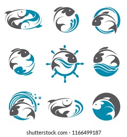 collection of abstract fish icon with waves