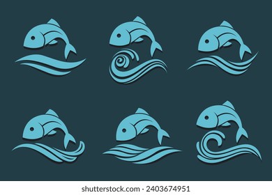 collection of abstract fish icon with waves