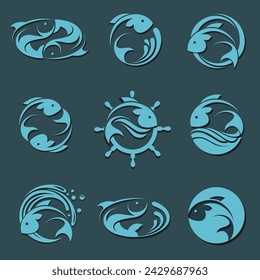 collection of abstract fish icon with waves