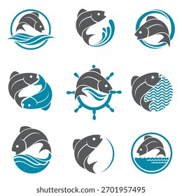 colección del icono abstracto del pez con las ondas aisladas en el fondo blanco