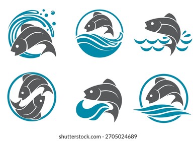 colección del icono abstracto del pez con las ondas aisladas en el fondo blanco