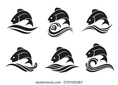 collection of abstract fish icon with waves isolated on white background
