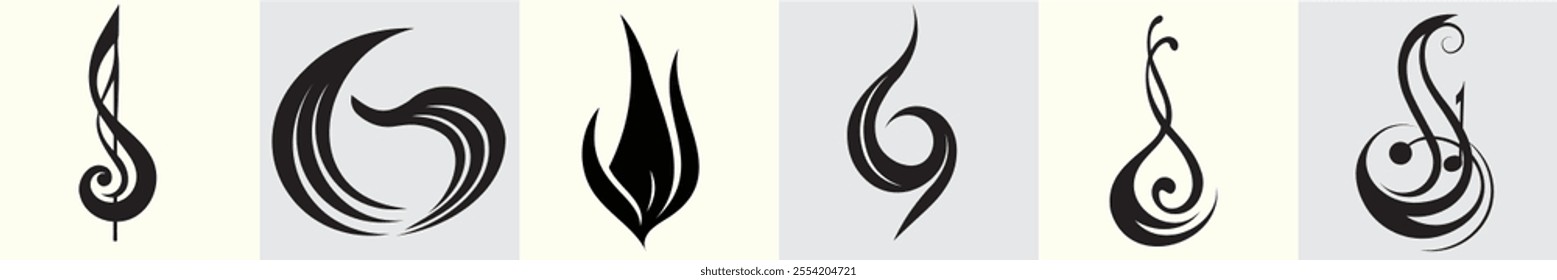 A collection of abstract flame-inspired black symbols featuring swirling and curving designs, combining elegance and dynamic energy in a minimalist artistic style.