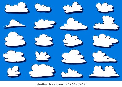 Colección de dibujos animados planos abstractos e iconos de nube esponjosos. Conjunto de nubes de dibujos animados dibujados a mano en estilo plano.
Colección de dibujos animados abstractos e iconos de nube esponjosos.