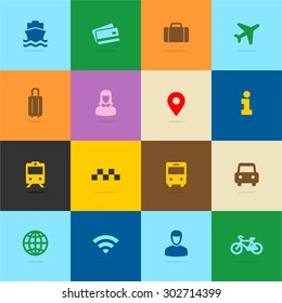 A collection of an abstract flat design style vector transport and city icons flat design on a color background with flat shadows