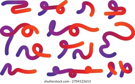 Coleção de linhas onduladas flexíveis abstratas e tubos com cores de gradiente laranja púrpura.