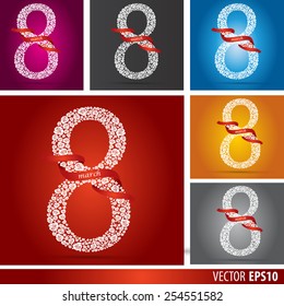 Collection. Abstract Floral Greeting card with 8 March. Trendy Design Template.  White and trendy Blue , red, black , orange, green color. Vector Version