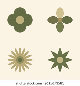 Collection of abstract flower icons in earthy green and beige tones on neutral background
