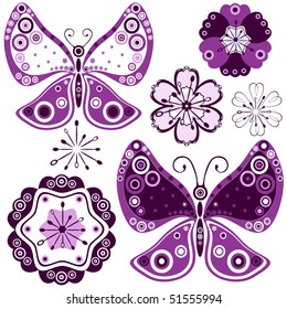Collection abstract flowers and butterflies for design on white (vector)