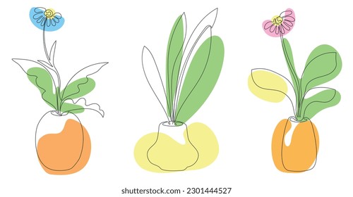 A collection of abstract flowers drawn in a one line. Continuous linear botanical pattern. Modern design. Black outline and colored spots. Set of designs for posters, paintings, prints, postcards.