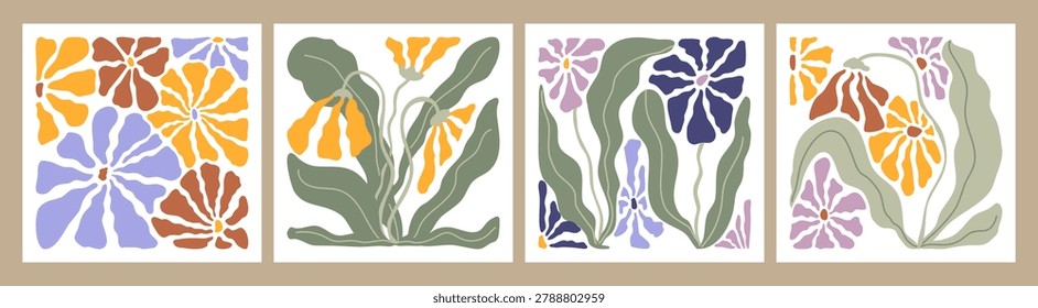 Collection of abstract flowers and leaves with smooth, flowing forms. Set of botanical illustrations minimalist, naive doodle. For cover, card, banner, packaging, pattern, interior design projects