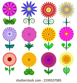 Collection of abstract flowers with leaves. Vector flowers. Spring art print with botanical elements. happy Easter. Folk style. Posters for the spring holiday. icons highlighted on a white background.