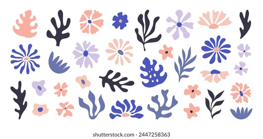 Collection of abstract flowers, organic nature shapes and exotic tropical leaves in trendy Matisse art style. Contemporary art floral collage. Modern vector summer design for cards, textile, posters.