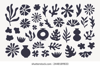 Collection of abstract flowers, organic nature shapes and exotic tropical leaves in trendy Matisse art style. Contemporary art floral collage. Modern vector summer design for cards, textile, posters.