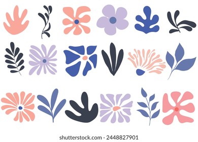 Collection of abstract flowers, organic nature shapes and exotic tropical leaves in trendy Matisse art style. Contemporary art floral collage. Modern vector summer design for cards, textile, posters