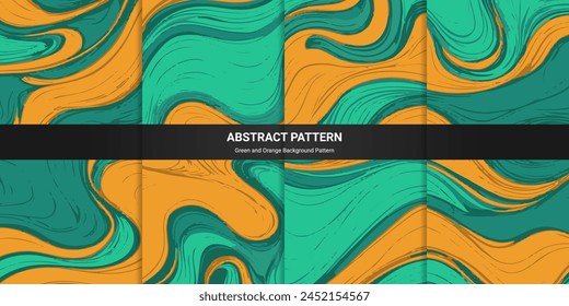 collection of abstract fluid painting patterns, simple green and orange vector backgrounds