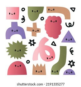 Collection of abstract form. Geometric shapes characters. Kawaii style with cute smile. Cute bright hand draw illistration. Abstract color kids characters, cartoon emotions design, vector with texture