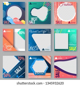 Collection Abstract Frame Design. Modern Branding Set Templates. Shopping and Fashion Sales. Colorful Content Decoration for Social Media Promo, Advertising. Vector Illustration. Square Banner.