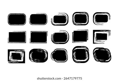 Uma coleção de elementos de quadro abstrato com traçados de pincel com desenho à mão, em formatos retangulares e arredondados, para botões de aplicativos, cartazes e layouts modernos da Web