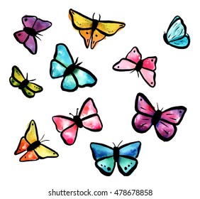 A collection of abstract freehand watercolour butterflies (teal blue, pink, purple, and yellow), scalable vector drawings