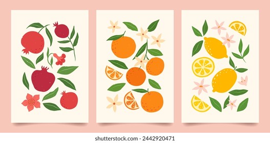 Collection of abstract fruit contemporary art print. Modern poster with hand drawn oranges, lemons and pomegranates. Trendy design for wallpaper, wall decor, postcard, cover, packaging.