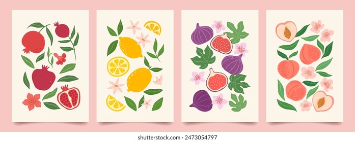 Collection of abstract fruit contemporary art print. Modern poster with hand drawn pomegranate, lemon, fig and peach. Trendy design for wallpaper, wall decor, postcard, cover, packaging.