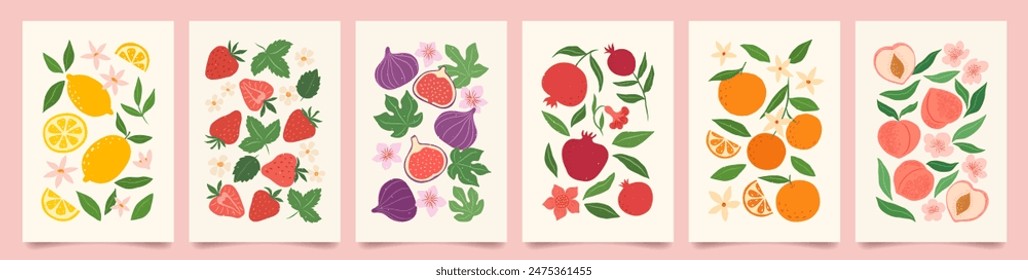 Kollektion des abstrakten Obstdrucks zeitgenössischer Kunst. Modernes Plakat mit handgezeichneter Zitrone, Erdbeere, Feige, Granat, Pfirsich und Orange. Trendy Design für Bildschirmhintergrund, Wanddekor, Postkarte, Bezug, T-Shirt.