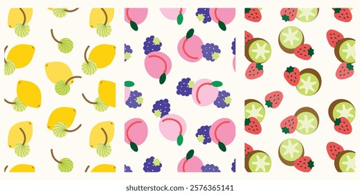 Collection of abstract fruit pattern. Flat design simple food background. Strawberry, lemon, peach and kiwi. Trendy design for wall decor, postcard, cover, packaging, t shirt.