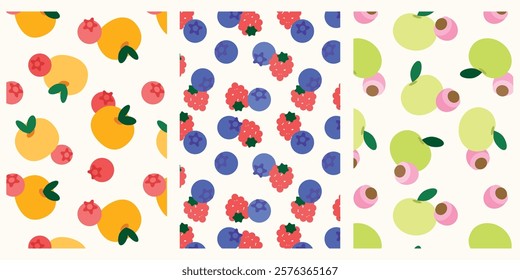 Collection of abstract fruit pattern. Flat design simple food background. Blueberry, orange, apple and lichi. Trendy design for wall decor, postcard, cover, packaging, t shirt.