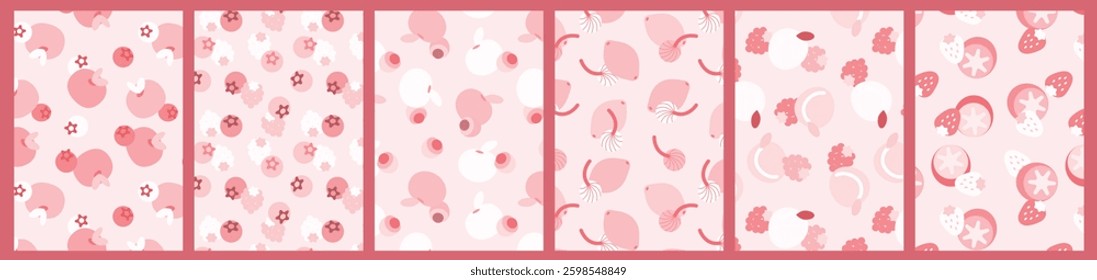 Collection of abstract fruit pattern. Flat design simple food background. Strawberry, lemon, peach and kiwi. Trendy design for brand design, cover, packaging, t shirt.