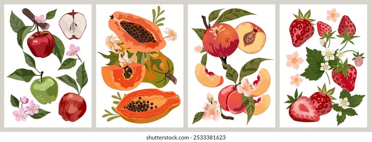 Collection of abstract fruit poster. Art print with hand drawn strawberry, apple, peach and papaya. Trendy design for wall decor, postcard, cover, packaging, t shirt.