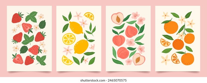 Collection of abstract fruit poster. Contemporary art print with hand drawn strawberry, lemon, peach and orange. Trendy design for wall decor, postcard, cover, packaging, t shirt.