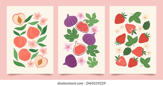 Collection of abstract fruit poster. Contemporary art print with hand drawn peach, strawberry and fig. Trendy design for wall decor, postcard, cover, packaging, t shirt.