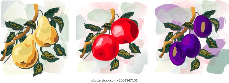 Collection of abstract fruit poster. Contemporary art print with hand drawn pear, apple and plum. Trendy design for wall decor, postcard, cover, packaging, t shirt.