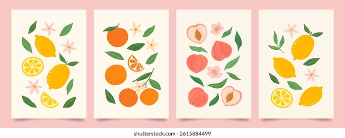 Collection of abstract fruit poster. Contemporary art print with hand drawn strawberry, lemon, peach and orange. Trendy design for wall decor, postcard, cover, packaging, t shirt.