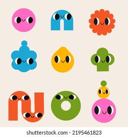 Collection of abstract funny Geometric shapes with happy faces. Set of retro cartoon characters. Positive and cute creatures vector set.