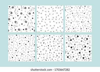Collection of abstract geometric backgrounds with different geometric shapes - triangles, circles, dots, lines. Memphis style on turquoise background. Vector seamless pattern. Vector illustration