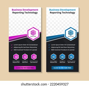 Collection Of Abstract Geometric Banner Template. Vertical Layout Combined With Multicolored Design Blue And Pink On Elements. Space For Photo Collage. Black Background. Hexagon Icon Infographic.